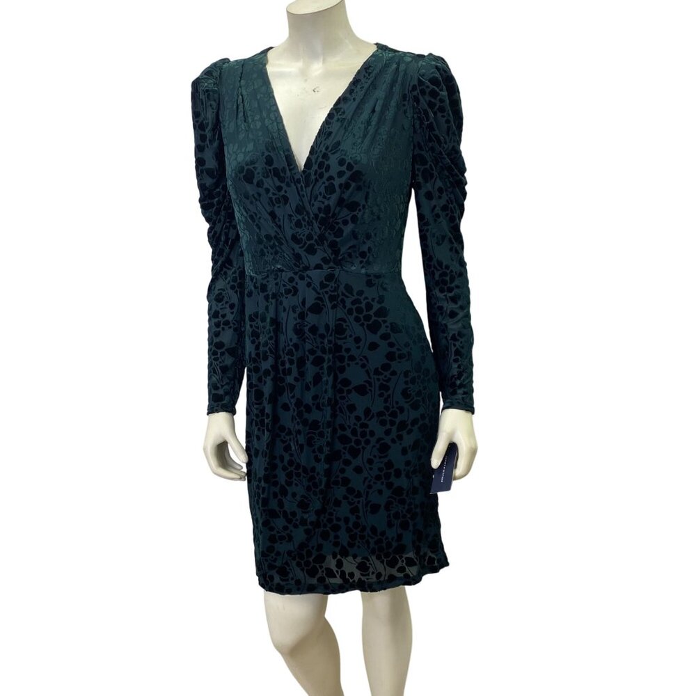 Tommy Hilfiger $129 Green Velvet Floral Long-Sleeve V-Neck‎ Dress 4 NWT